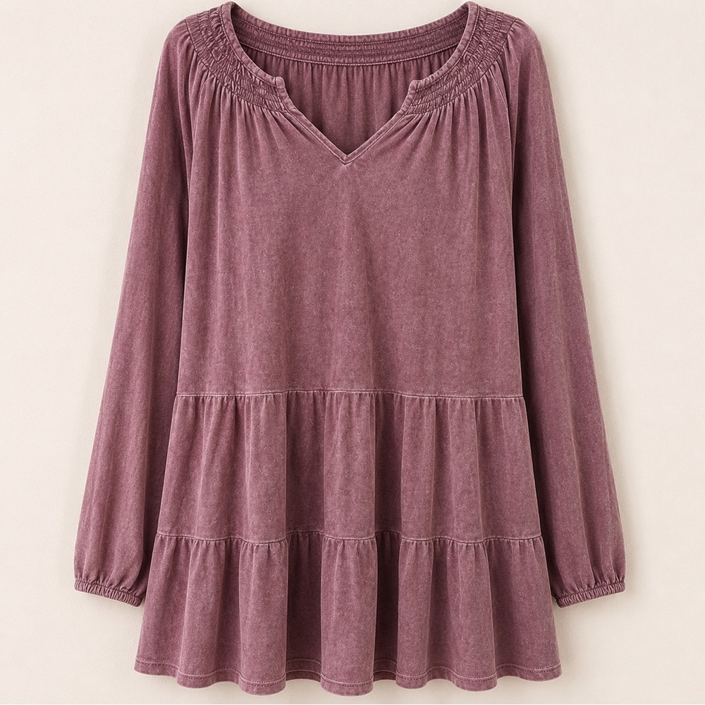 Wonderly Washed Plum Smocked V-Neck Tiered Tunic
